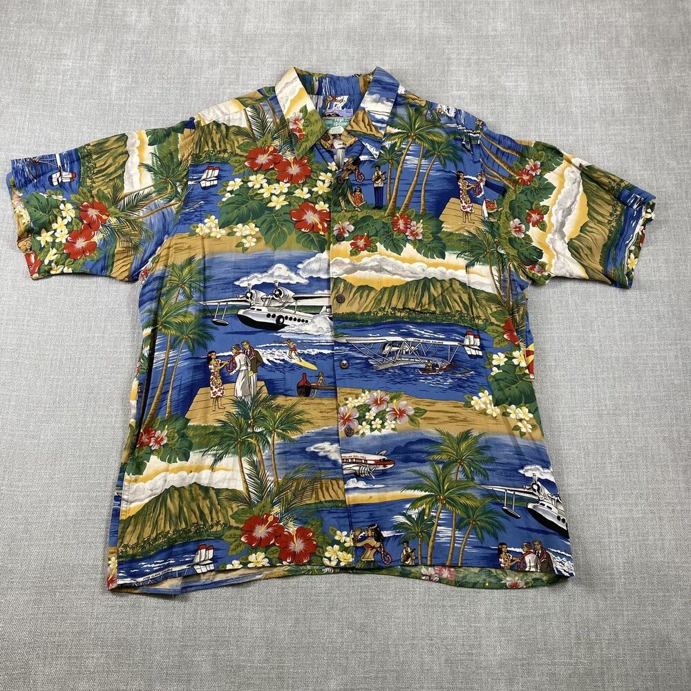 VTG Reyn Spooner Hawaiian Shirt Mens Large Rayon Aloha Scenic Floral Print Camp
